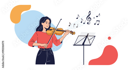 Young woman standing and playing the violin with artistic musical notes floating around her in a highly expressive and creative pose.