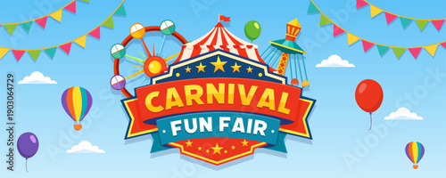 Horizontal carnival fun fair banner featuring circus tent balloons ferris wheel and festive decorations ideal for event headers promotions and announcements.