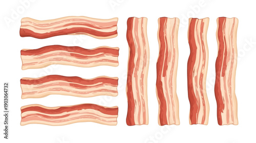 Raw Pork Bacon Strips Side View.