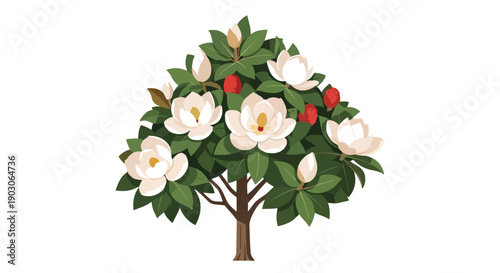 A delightful illustration showcases a blooming tree adorned with pristine white petals, lush green leaves, and vibrant red fruits, embodying