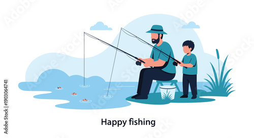 Father and his little son enjoy a relaxing day of fishing by a calm lake with fishing rods in a flat design style.