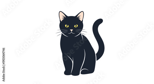 Beautiful black cat sits gracefully and looks forward with intense yellow eyes against a minimalist white background.