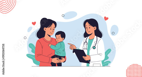 Pediatrician woman with a stethoscope talks to a mother holding her baby during a medical consultation in a clinic.