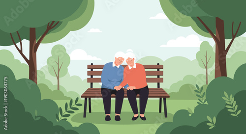 Senior man and woman sit together on a wooden park bench surrounded by green trees while sharing a quiet moment.