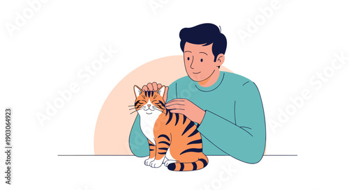 Smiling young man in a teal sweater gently pets a friendly ginger tabby cat while bonding with his pet indoors.