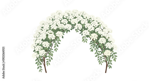 An exquisitely crafted botanical archway adorned with delicate white blossoms and vibrant verdant foliage creating a serene and inviting natural