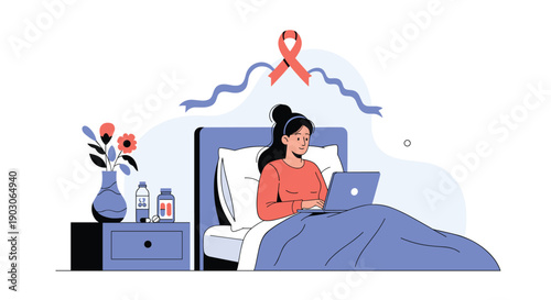 Young woman resting in bed uses her laptop for an online consultation with medical symbols and supplies nearby.