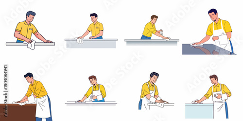 Professional male staff in uniform wiping counters and tables, illustrating commercial cleaning, hygiene, and maintenance service routine.
