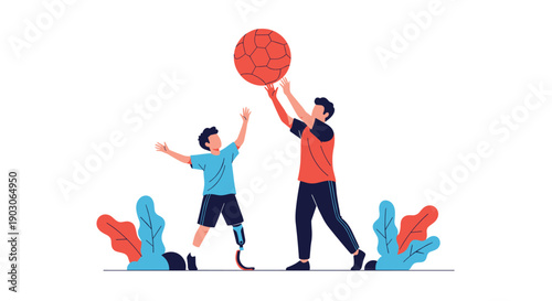 Young man and a boy with a prosthetic leg play together with a large red ball to promote an active inclusive life.