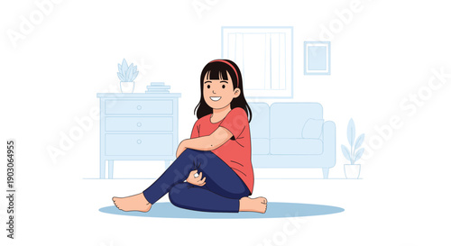 Cheerful young girl in a red shirt sits on a blue rug and performs core exercises in a bright home living room.