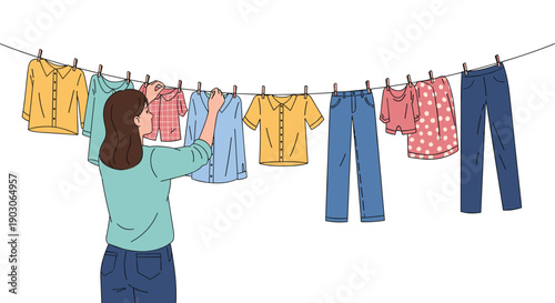 Young woman hangs various colorful clothes on a long laundry line with clothespins to dry them outside in the sun.