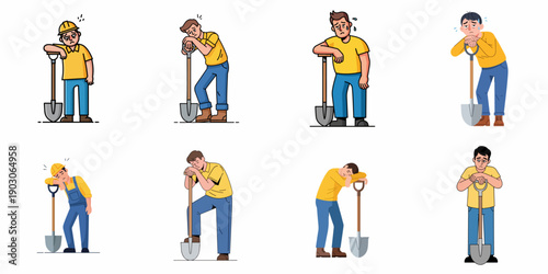 Collection of tired male laborers leaning on shovels, showing fatigue and exhaustion from hard work, heavy labor, and digging activities.