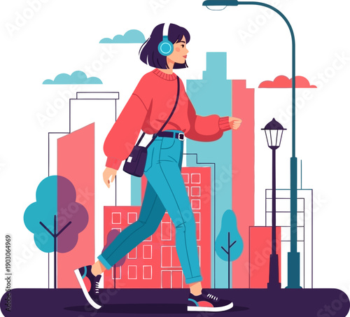 Vector illustration of a young woman with headphones listening to music while walking in a city park with buildings in the background