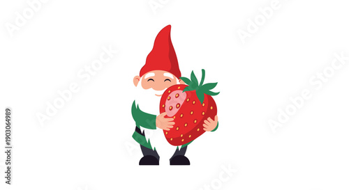 Friendly garden gnome with a white beard and red hat hugs a giant ripe red strawberry in a cute whimsical design.