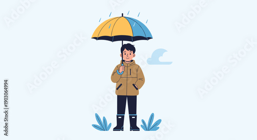 Young man in a brown jacket stands under a yellow and blue umbrella while it rains on a simple blue background.