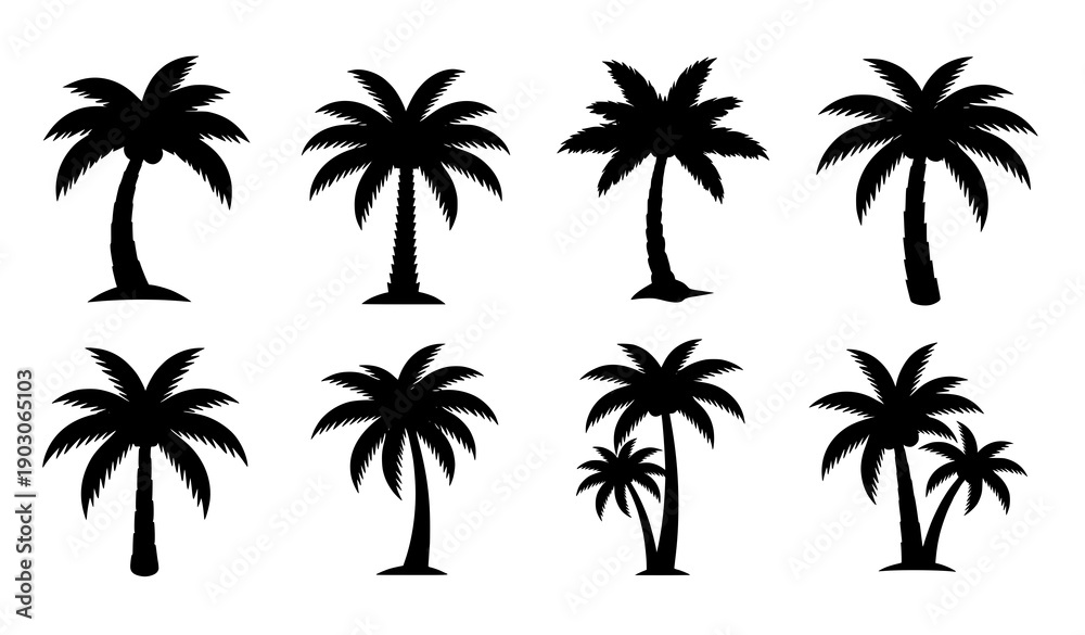 Fototapeta premium Black palm tree silhouette icon set with coconut and tropical summer logo symbols isolated on white background vector design