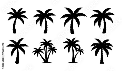 Palm tree logo icon set vector with black tropical and coconut palm symbols for summer travel branding isolated on white background