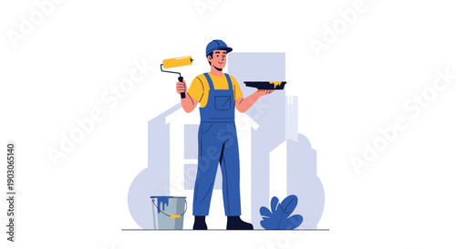 Professional male painter in blue overalls holding a paint roller and a tray standing in front of house silhouettes.