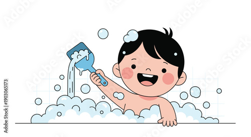 Cheerful little boy enjoying a bubble bath in a tub with a toy scoop and lots of soap suds for a fun hygiene routine.