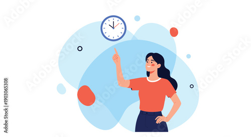 Young woman in a red shirt pointing her finger at a large clock on a blue background representing time management.