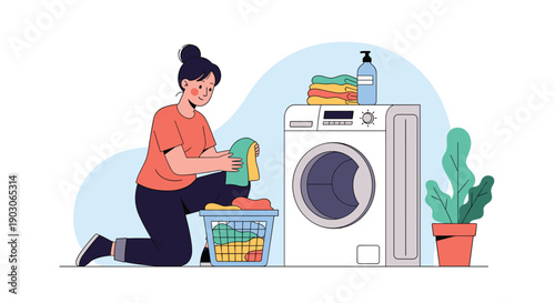Young woman kneeling on the floor and sorting clothes from a laundry basket in front of a modern washing machine.