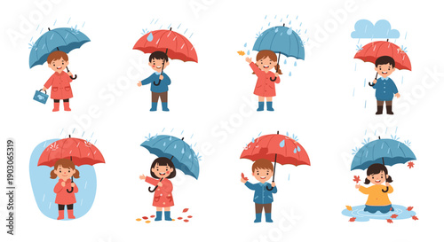 Collection of cute children in raincoats and boots enjoying a rainy day with colorful umbrellas and splashing in puddles.