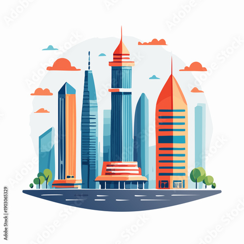 Modern city skyline with tall buildings and green trees under a cloudy sky