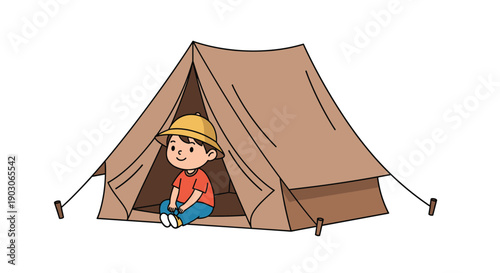 Little boy wearing a yellow hat sitting comfortably inside a brown camping tent during outdoor summer vacation adventure in the wilderness.