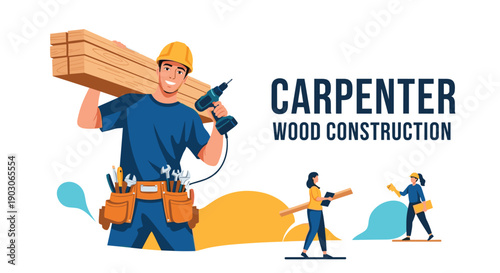 Male carpenter carrying heavy wooden planks and holding a power drill during home renovation project with female assistants in the background.