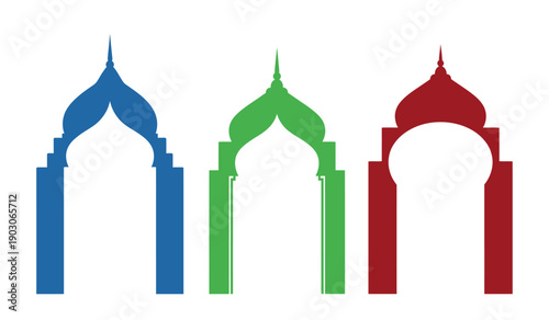 Colorful architectural arches in blue, green, and red