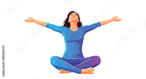 Young woman sitting in lotus position with arms outstretched practicing meditation and mindfulness for her overall mental wellness.
