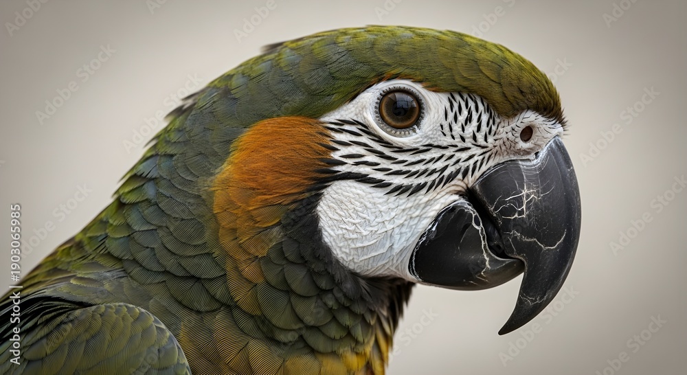 Fototapeta premium A vibrant parrot with colorful feathers and a distinctive beak is shown in a close-up portrait.