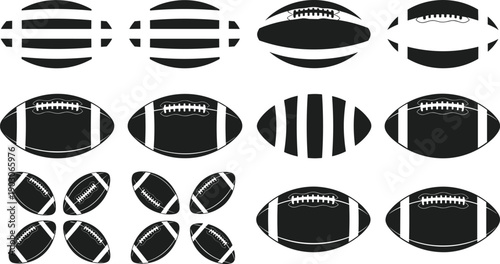Set of American football ball silhouettes and design variations, sports equipment icon collection, rugby style shapes, black vector illustration isolated on white background