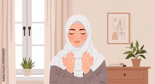 Young Muslim Woman Praying in Hijab at Home, Peaceful Devotion