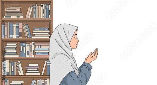 Young Muslim Woman Praying in Hijab Beside Bookshelf