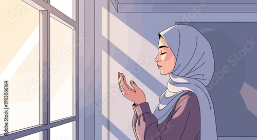 Young Muslim Woman Praying in Hijab by Window with Sunlight Rays
