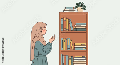 Young Muslim Woman Praying in Hijab Near Bookshelf. Islamic Devotion, Spirituality, Education