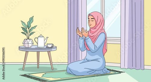 Young Muslim Woman Praying in Hijab on Rug, Peaceful Indoor Scene