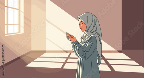 Young Muslim Woman Praying in Sunlit Room