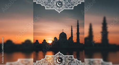 Mosque silhouette stands against vibrant sunset over water.