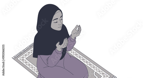 Young Muslim Woman Praying on Prayer Mat, Wearing Hijab, Peaceful Religious Devotion