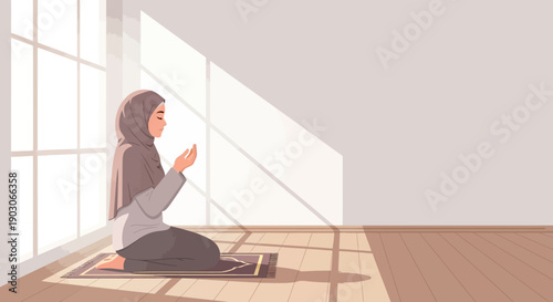 Young Muslim Woman Praying on Rug in Sunlit Room, Islamic Faith and Devotion