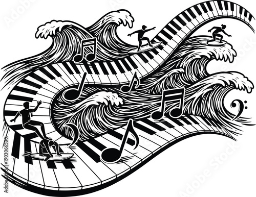 Linocut Black Vector Flowing Piano Keys Waves Surfing Musical Notes Illustration Art Design Creative