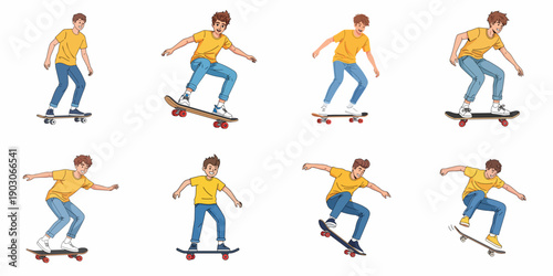 Dynamic set of cartoon illustrations showing a young man skateboarding, performing tricks and cruising in different action poses, isolated on white background.