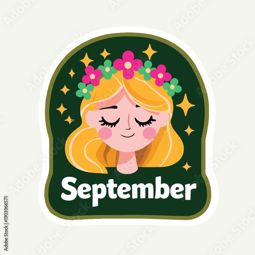 Charming illustration of a beautiful blonde zodiac or horoscope character wearing a floral wreath representing the gentle feminine spirit associated with the month of September.