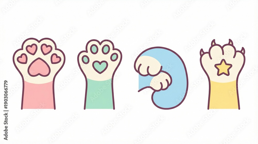 Fototapeta premium Cute Cat Paw Icon Set Flat Vector Illustration