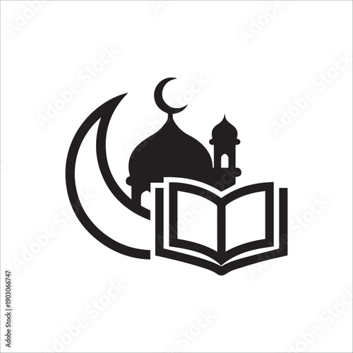 A black and white illustration of a mosque with a crescent moon and an open book