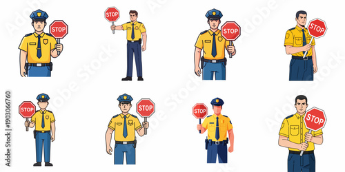 Set of 8 vector illustrations featuring police officers and security guards in uniform holding a traffic stop sign, representing authority and enforcement.