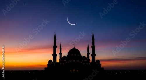 Single mosque silhouette stands against a vivid, colorful.