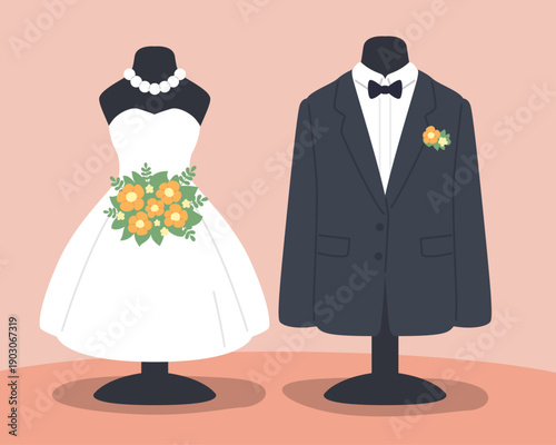 Vector illustration of wedding dress and tuxedo on mannequins